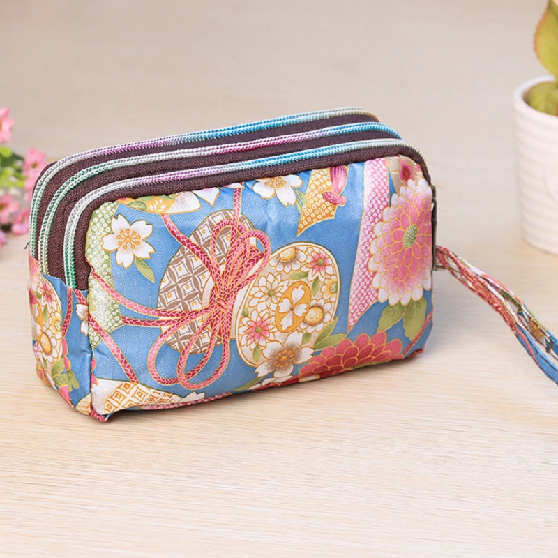 Large cell phone bag, fabric printing, three zipper, long coin purse, hand bag
