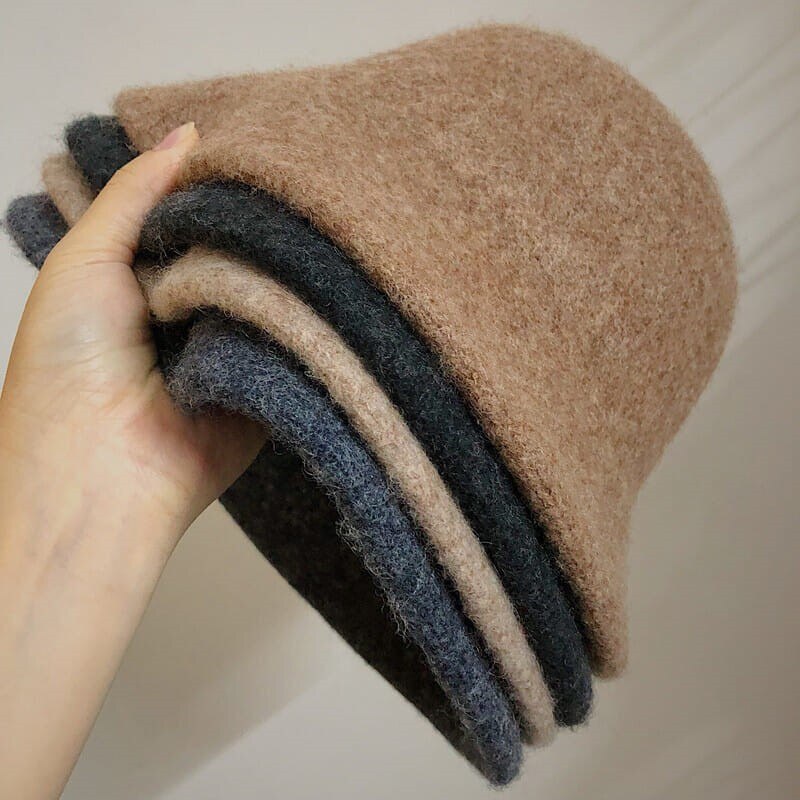 Gorro de lana tipo Bucket para mujer, sombrero de pescador Vintage, versátil, 6 colores, plegable, para otoño e invierno,