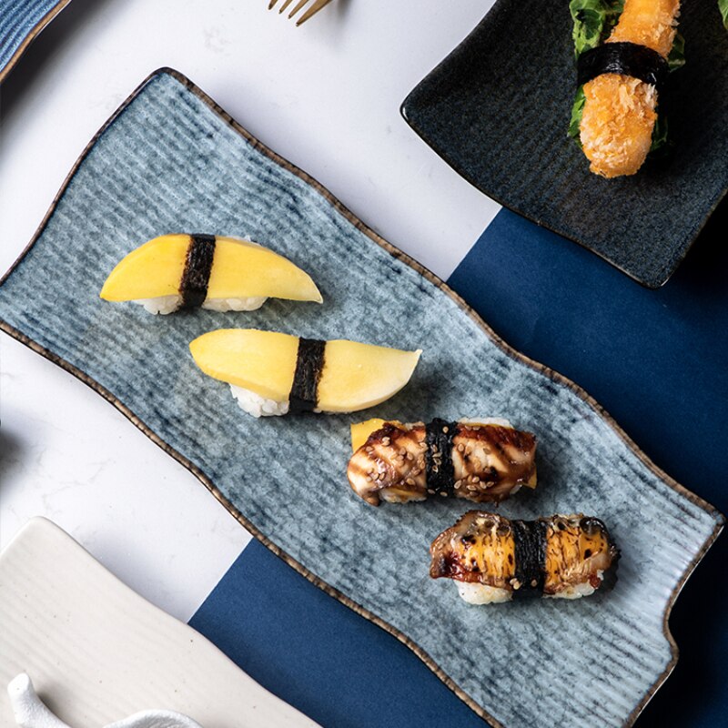 Japanse Stijl Sushi Plaat Rechthoekige Keramische Sashimi Platte Plaat Creatieve Servies Onregelmatige Lange Commerciële Japanse Plaat