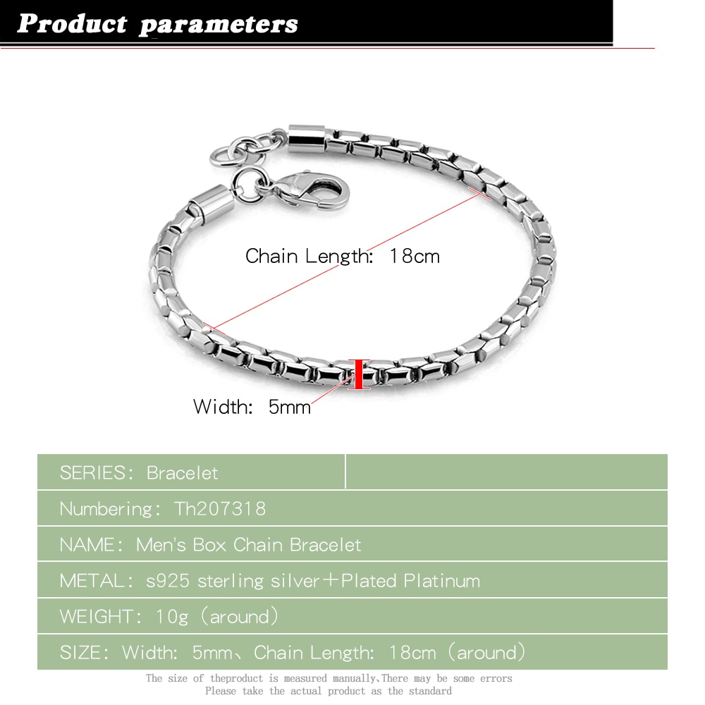 Echte 100% 925 Sterling Zilveren Box Ketting Armbanden Voor Jongens En Mannen Mode 5Mm 20Cm Snake Chain Punk stijl Manchet Sieraden Vrouw