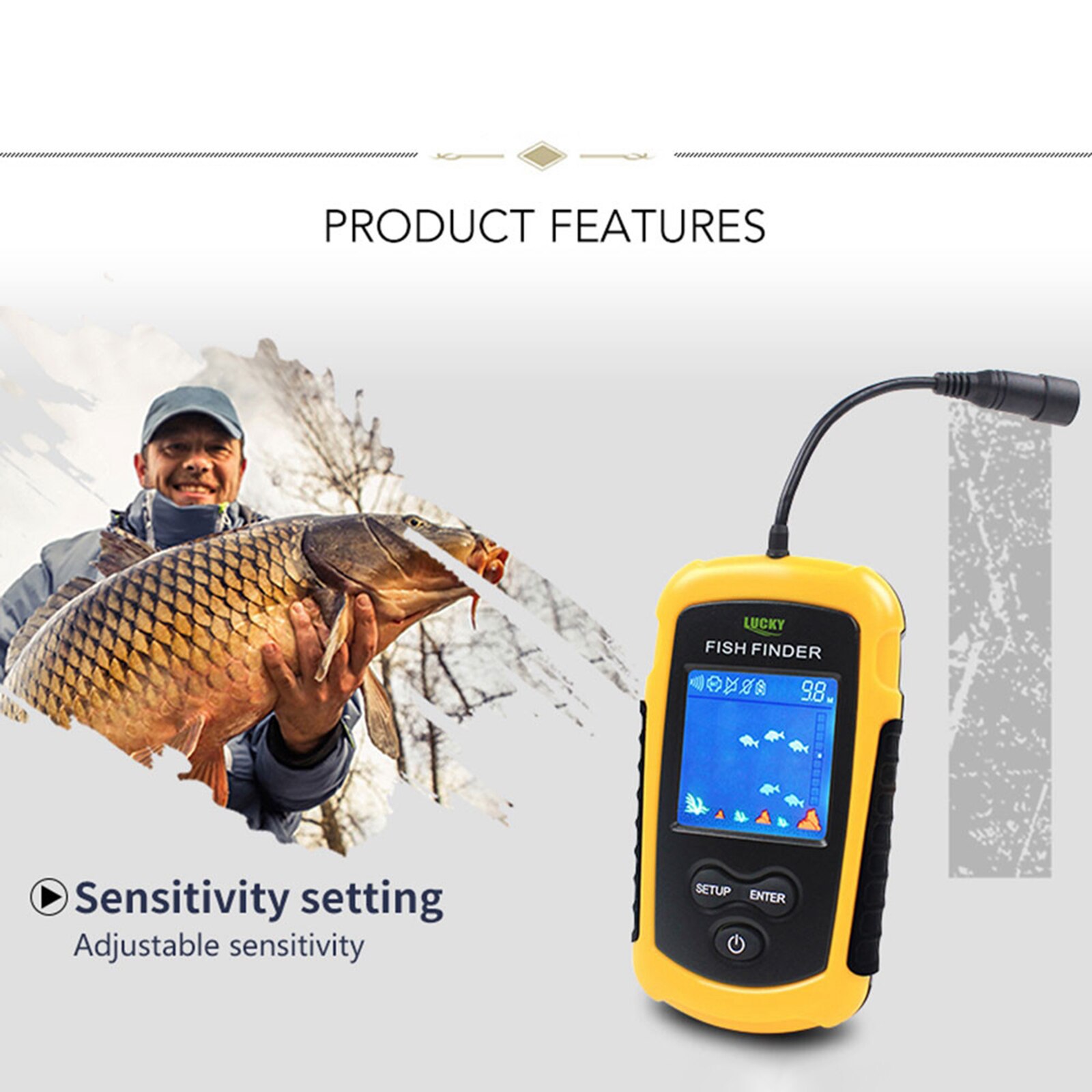 Portable Fishing Fish Finder Sonar Sensor 100 Meter Sounder Alarm Transducer