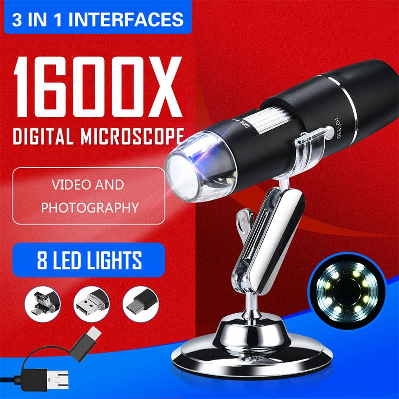 Microscope 8 LED 500-1600X Handheld Portable Digital Microscope USB Interface Electron Microscopes with 8 LEDs with Bracket