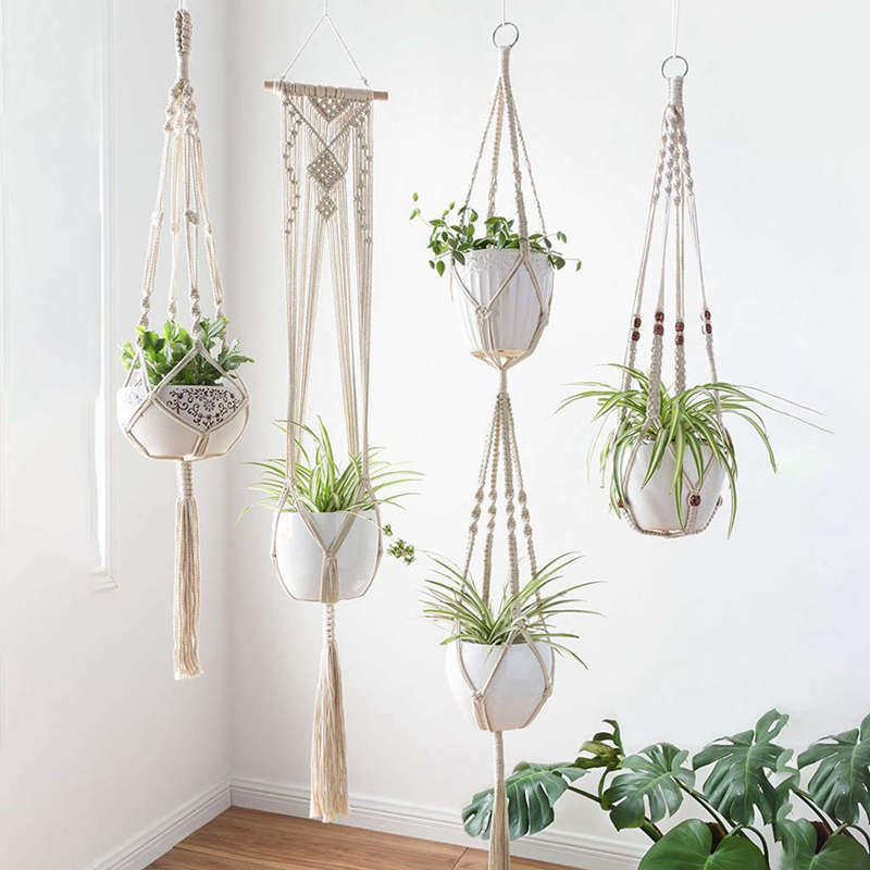 Macrame Plant Hangers - 4 Pack, In Different Designs - Handmade Indoor Wall Hanging Planter Plant Holder - Modern Boho Home De: Default Title
