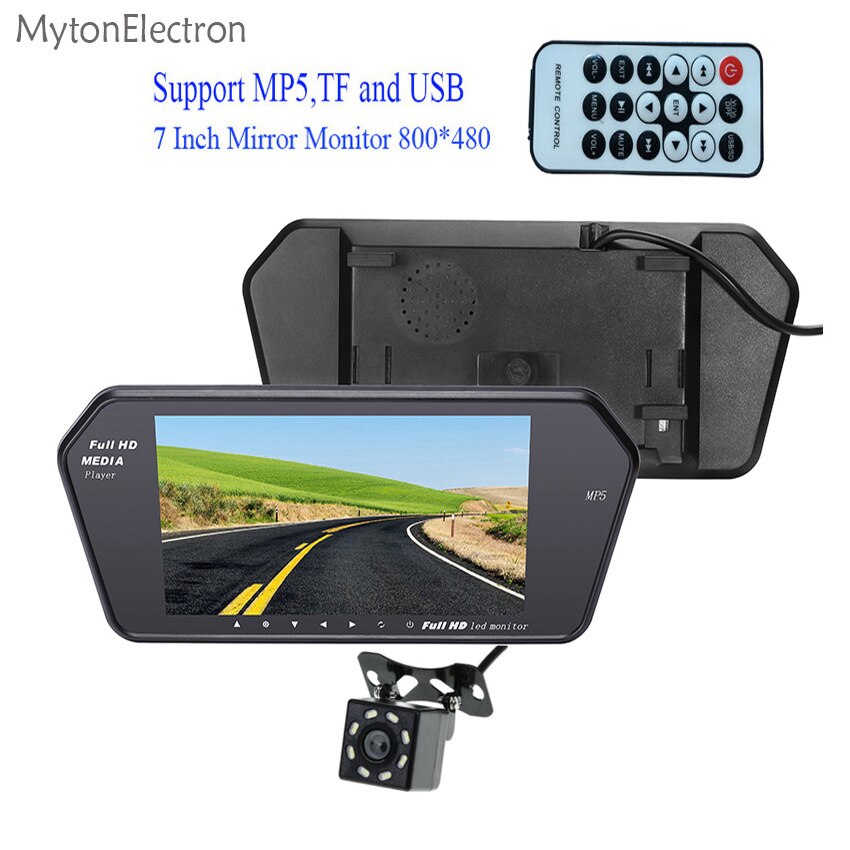 800x480 7 "couleur LED voiture rétroviseur MP5 USB TF moniteur 7 pouces 16:9 écran pour voiture caméra magnétoscope PAL/NTSC (voiture ou camion): with 8 LED camera