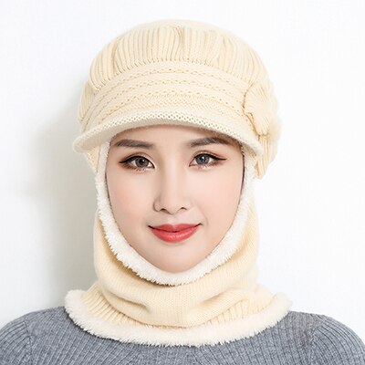 Female Neck Warmer autumn winter Beanies Hats Mask Women Winter Hat Knitted Hats Scarf Set Beanie Ski Caps Woman: beige