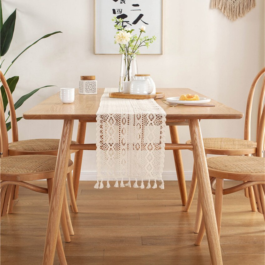 Chemin de Table Pastoral en dentelle fait à la main avec pompon, Crochet de campagne, tricot ajouré en coton, chemin de Table, ornement de Table à manger