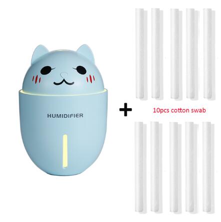 Cute Cat Humidifiers 3 in 1 320ML USB Air Humidifier Ultrasonic Cool-Mist Adorable Pet Mini Humidifier With LED Light USB Fan: Blue and 10 filters