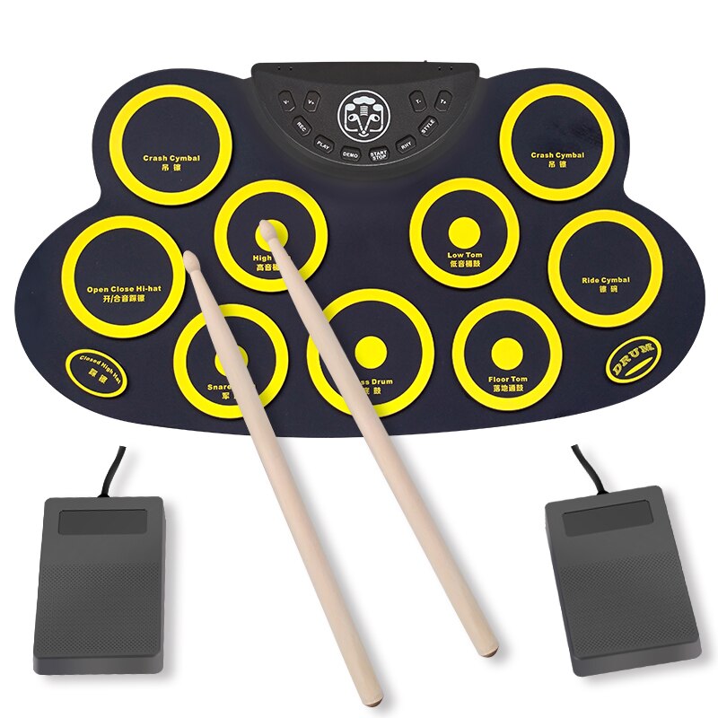 Compact Size USB Roll-Up Silicon Drum Set Digital Electronic Drum Kit 9 Drum Pads with Drumsticks Foot Pedals