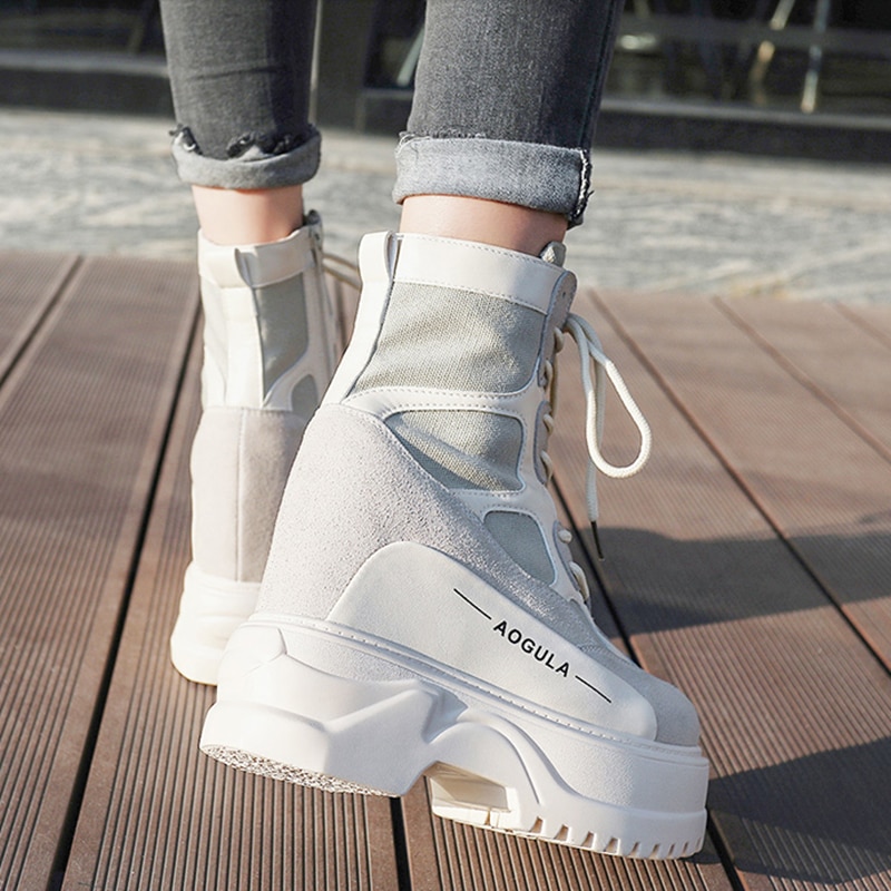 Winter hoge platform laarzen 10cm hoge hakken dames dikke zool leren wedge sneakers waterdichte ademende herfstlaarzen