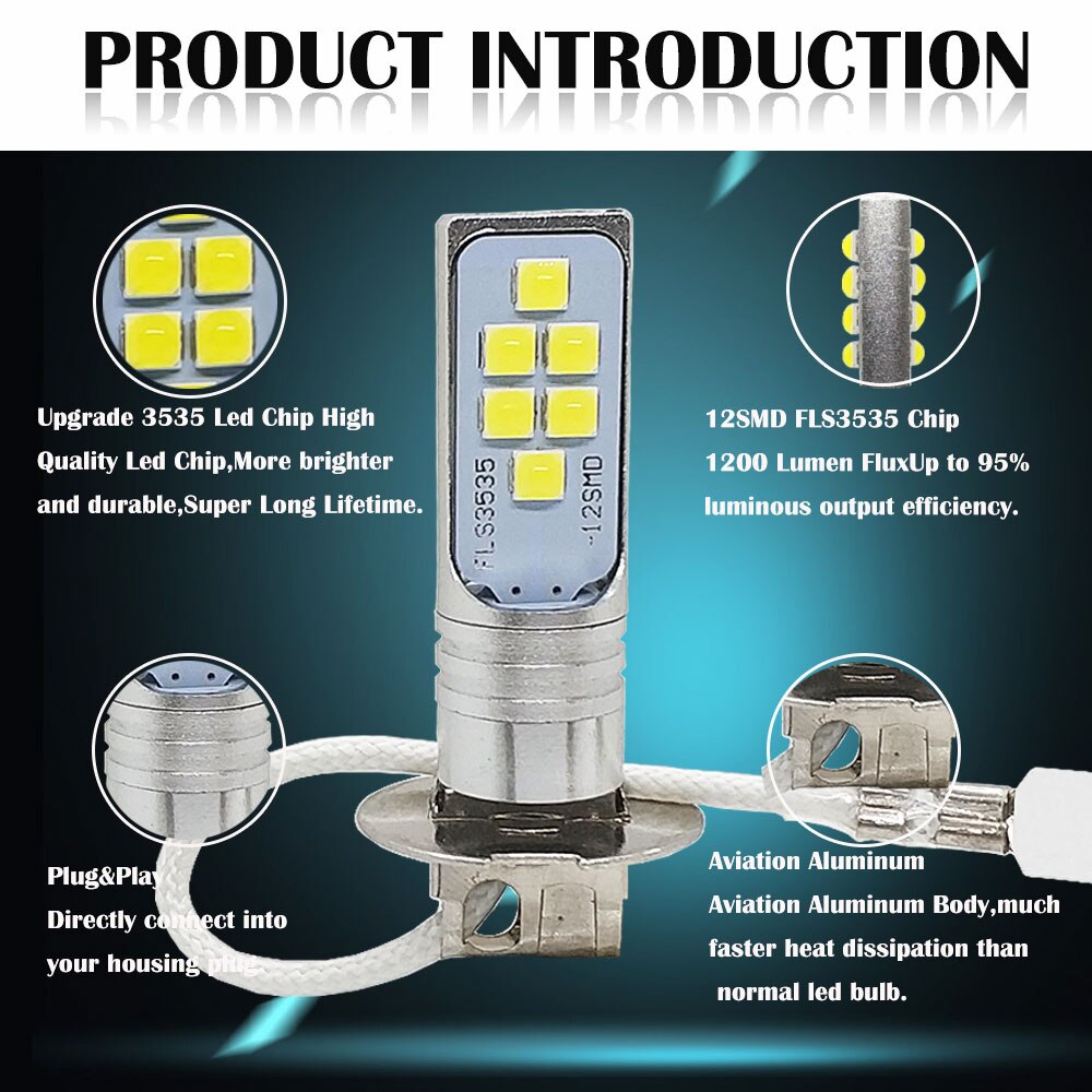 2 stk  h1 led pære super lyse 12 stk 3535 smd bil tågelygter 6500k drl  h3 led dagslampe køredagslampe auto 12v 24v hvid