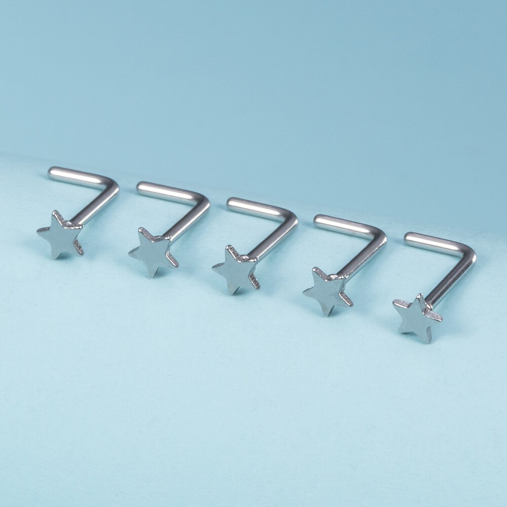 5 uds anillos de nariz para mujer 20G tornillo nariz Stud corazón Luna estrella bola Acero inoxidable narina Piercing tabique cartílago joyería: Bañado en rodio de imitación