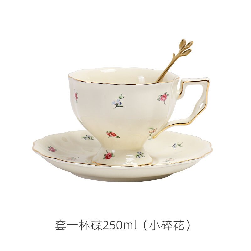 European Coffee Cup and Plate Set Ceramic British Gold Rim Teaware French Fancy Restaurant Afternoon Tea Cup with Saucer Spoon: Flower 1 Set
