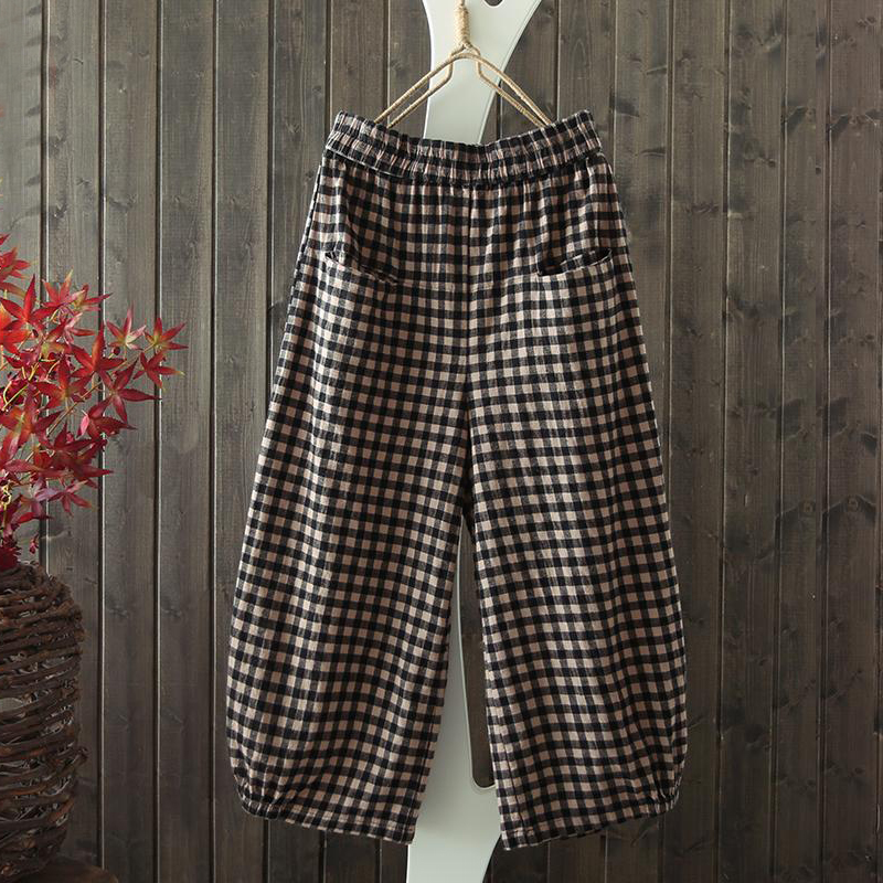 Frauen Baumwolle Leinen Hosen ZANZEA Sommer Plaid Überprüfen Elastische Taille lässig Hosen verlieren Taschen Breite Bein Lange Pantalon Femme: Schwarz / 4XL