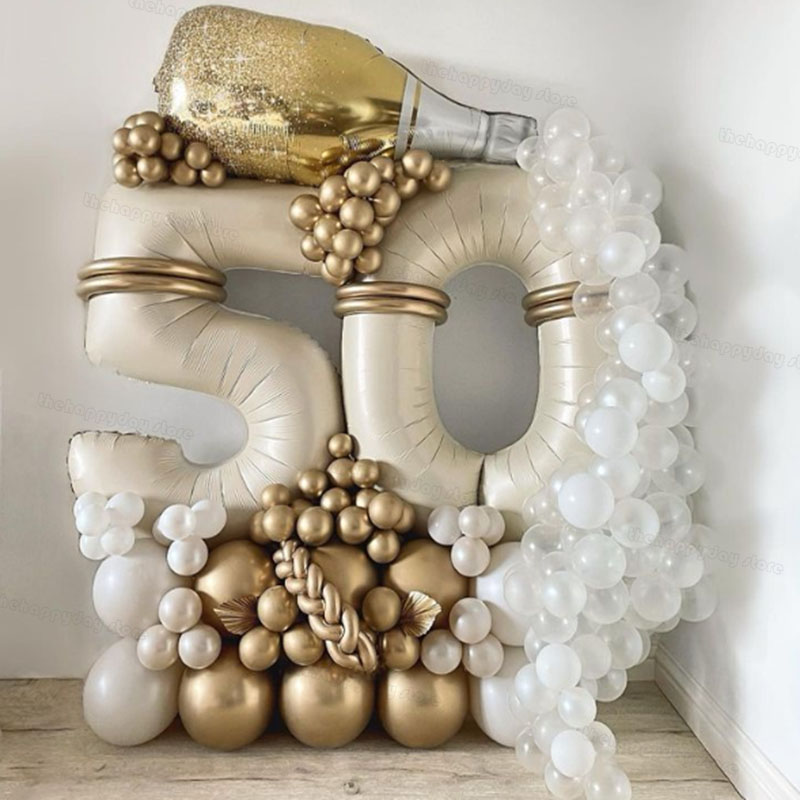 130 Uds. Juego de globos con números de oro blanco y arena crema, globos de aluminio con números de 40 pulgadas para decoraciones de de feliz 20 30 40 50 cumpleaños
