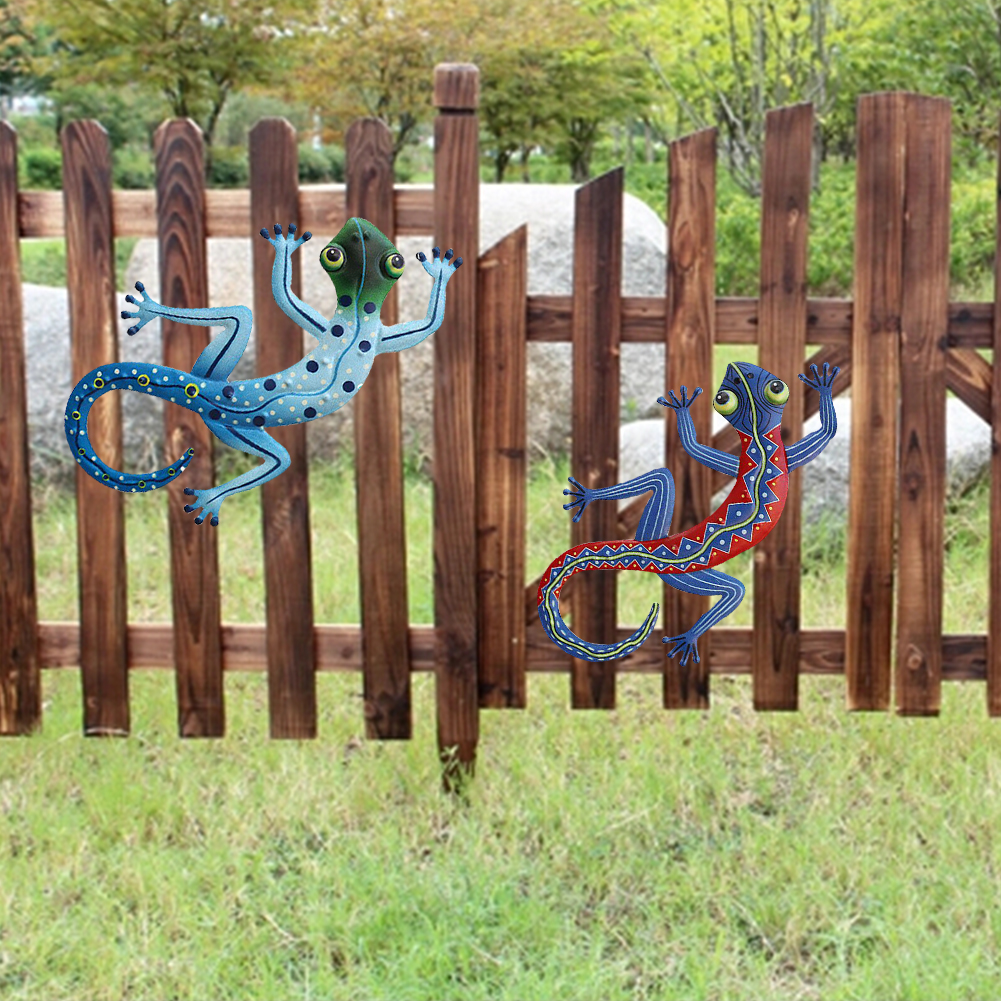 2 stk håndværk væg dekoration hegn hjem statue metal gecko håndlavet kunst firben udendørs skulptur have gård små børn