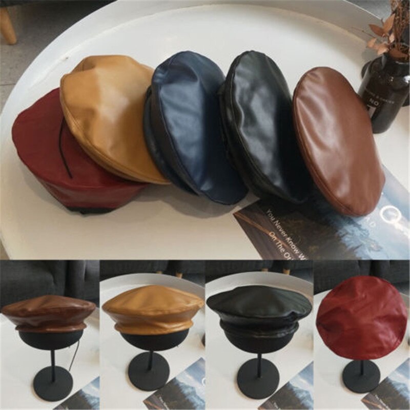 Kvinnor basker solid faux pu läder basker fransk konstnär varm mössa hatt klassisk stil