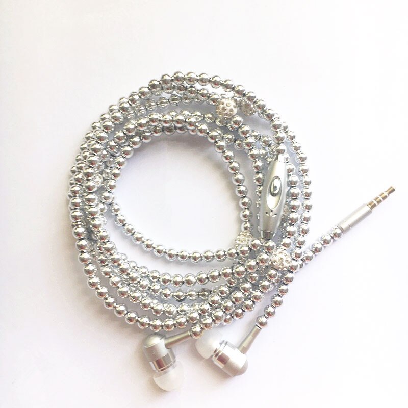 Pearl Necklace Earphone In-Ear Pink Rhinestone Necklace Jewelry Beads Earphones With Mic For Samsung Xiaomi Brithday Girls: Silver