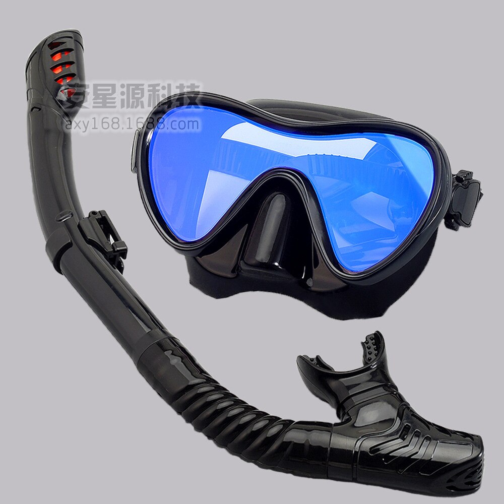 Underwater Anti-Fog Scuba Diving Goggles Mask Swimming Goggles Snorkling Diving Mask Adult Plating Breath Tube Set: Full Black Blue