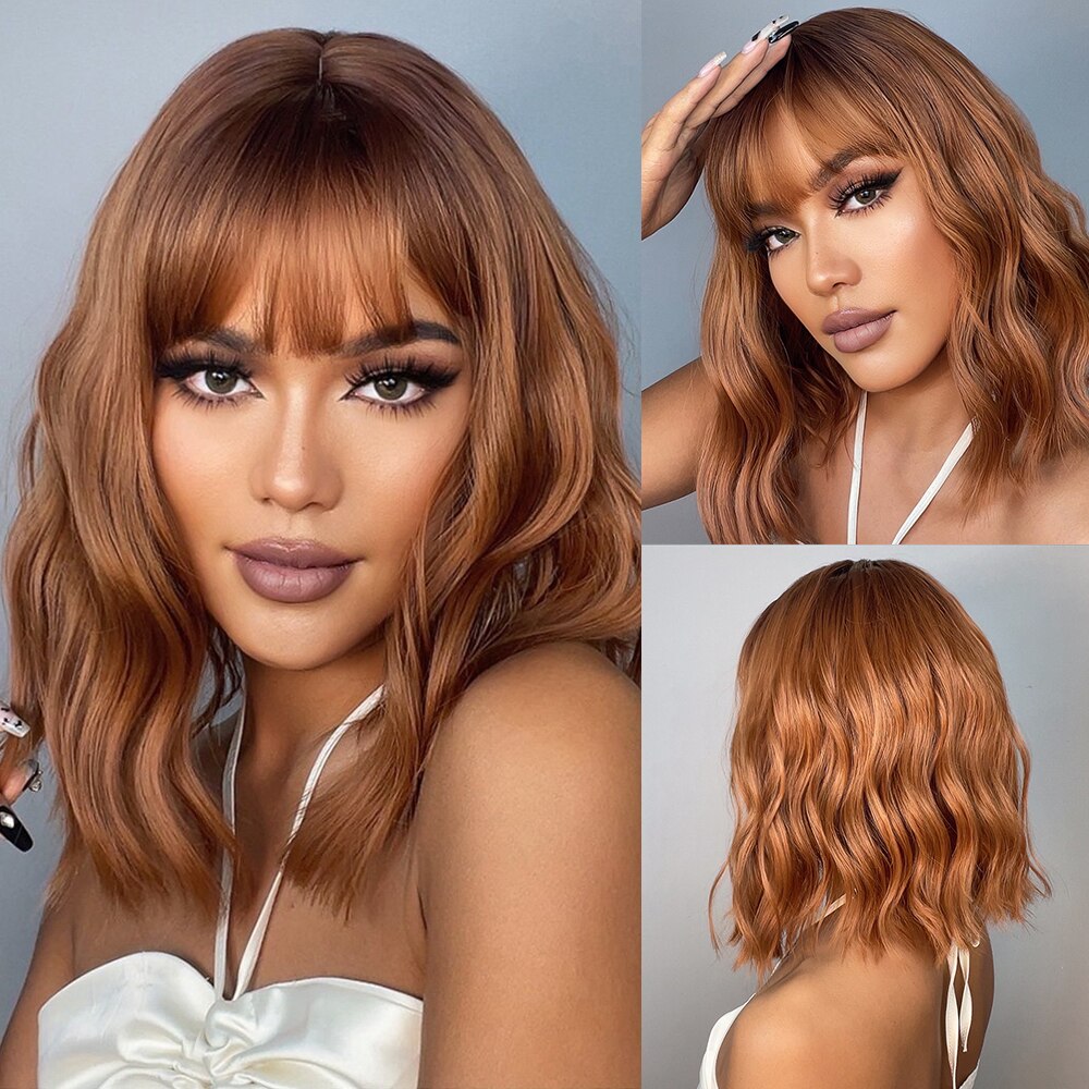 Pelucas sintéticas ombré marrón Rubio para mujer, pelo corto ondulado Bob con flequillo, onda corporal, Cosplay, Lolita, pelo Natural resistente al calor: #144