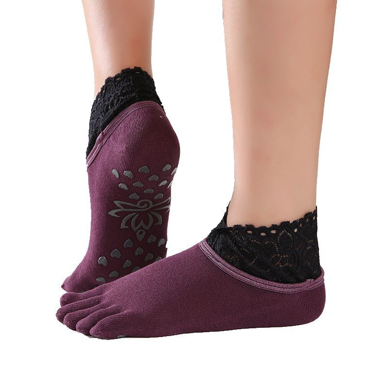 1 pair Women Yoga Five Toe Anti-Slip Ankle Grip Socks Dots Pilates Fitness Gym Socks Ladies Sports Socks With Lace: B Purple