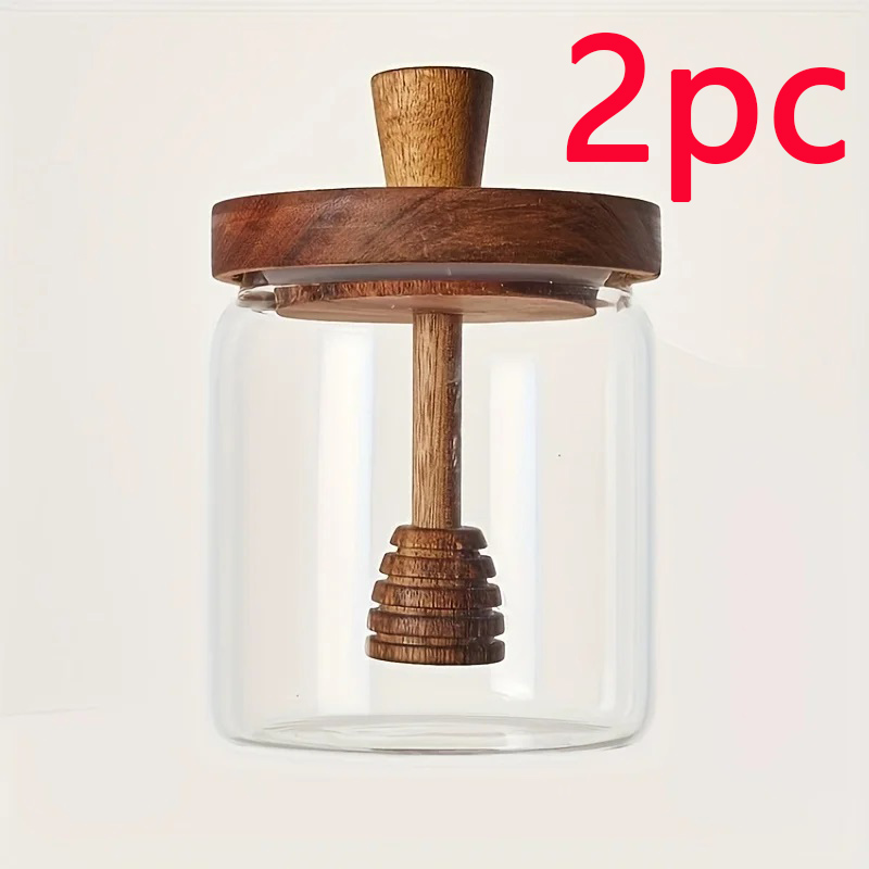 Tarro de miel de vidrio, bote de miel hermético avanzado, tanque sellado de vidrio, varilla mezcladora con cubierta de madera, botella de miel transparente, 1/2/3 unidades