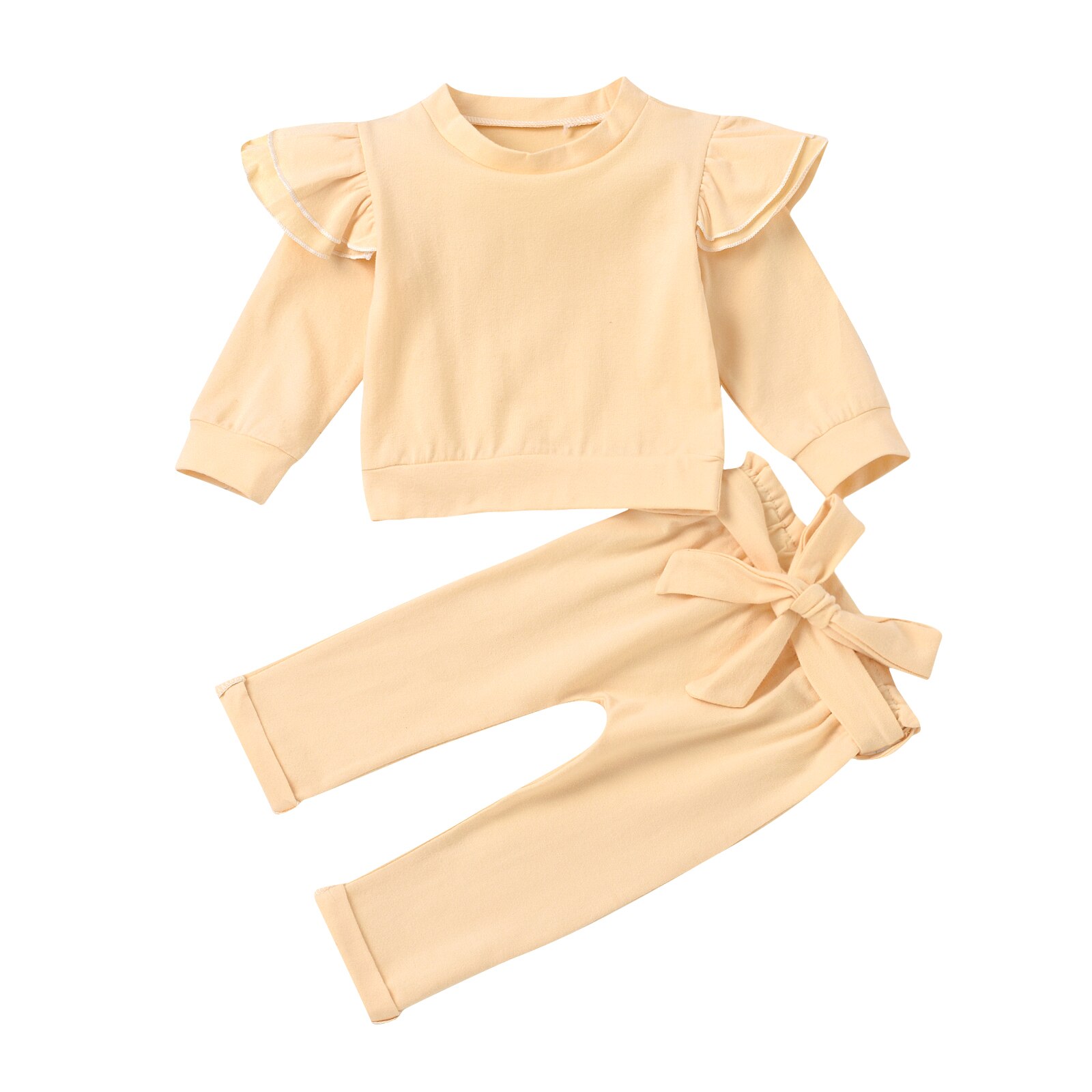 Focusnm 0-24m bebê recém-nascido meninas meninos conjuntos de roupas babados sólido manga longa pulôver moletom topos calças 2 pçs: Bege / 6 m