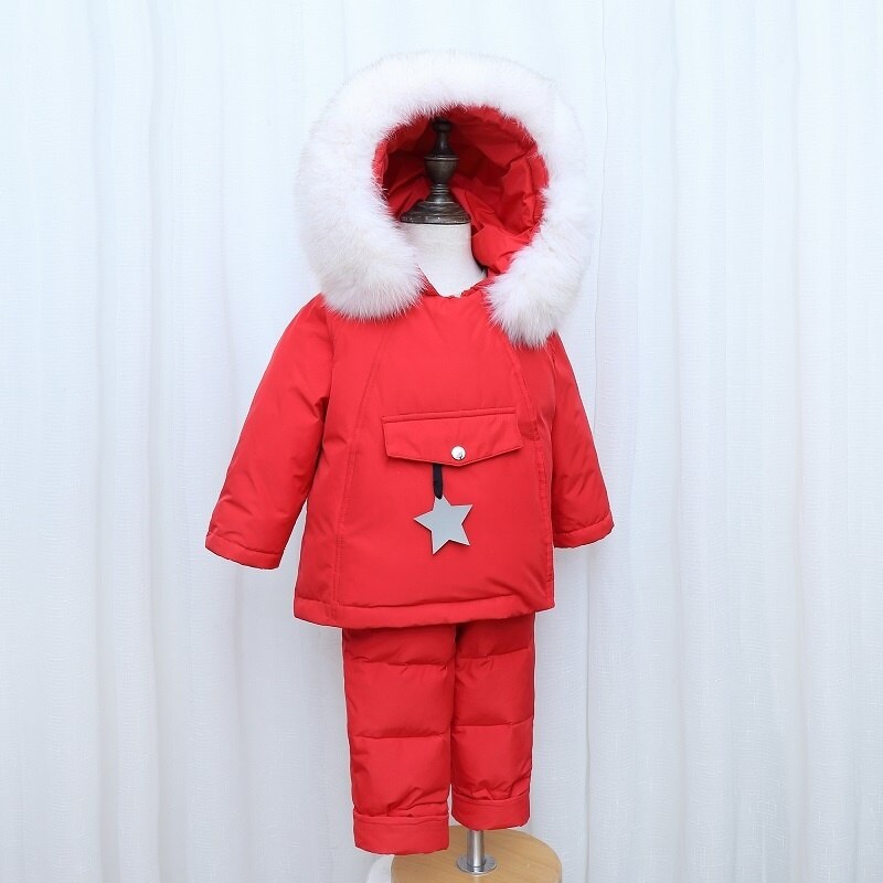 Crianças inverno quente para baixo jaqueta macacão crianças da criança do natal menina menino roupas casaco calças parka bebê macacão conjuntos de roupas: White red / 4T 100