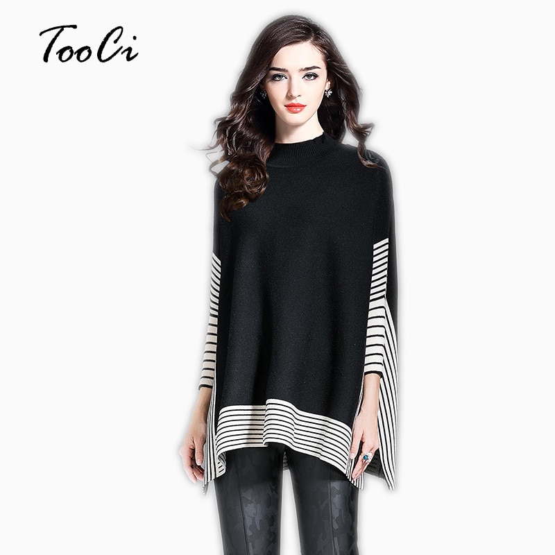 Kvinner vårsvart poncho julegenser med rund hals genser kappe batwing gensere dame cape coat