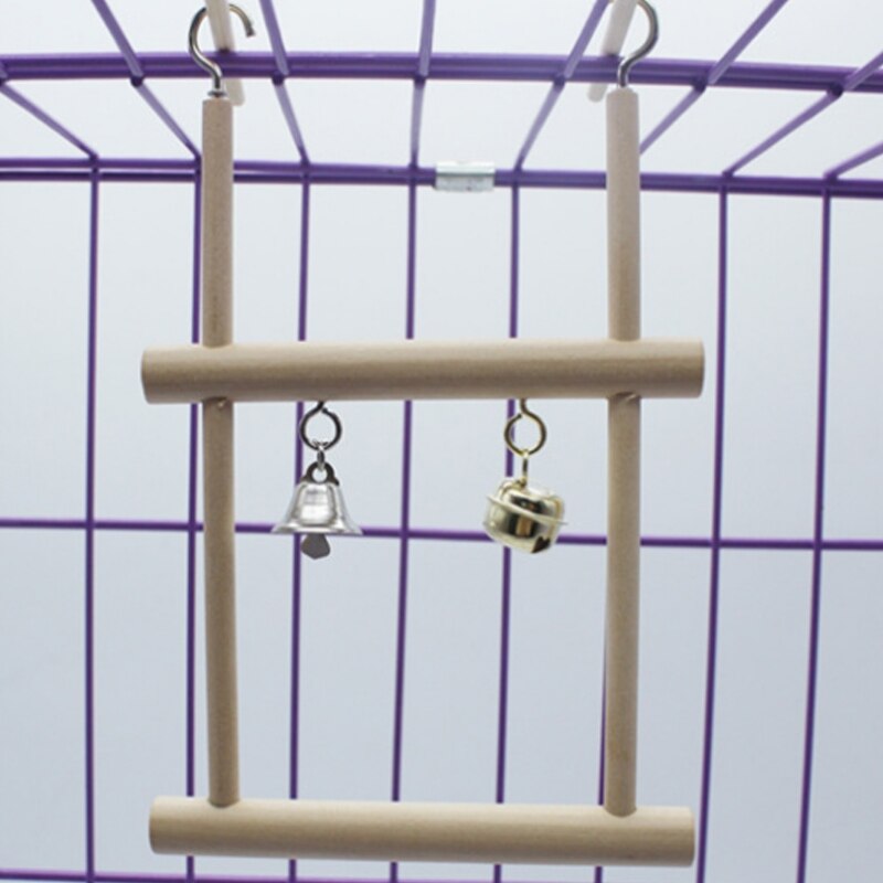 Fåglar abborre papegoja leksaker ställning hållare naturligt trä swing bell bur hängande stege