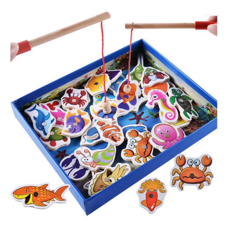 Baby Wooden Toys Fish Game Magnetic Fishing Toy Set Table Game Educational Toys Child Birthday Christmas 32pcs