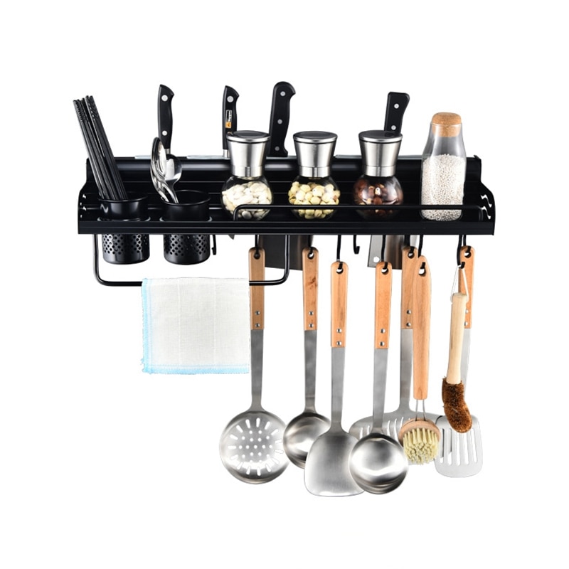Suporte de parede para utensílios de cozinha, prateleira preta organizadora para talheres e molho, vara de armazenamento