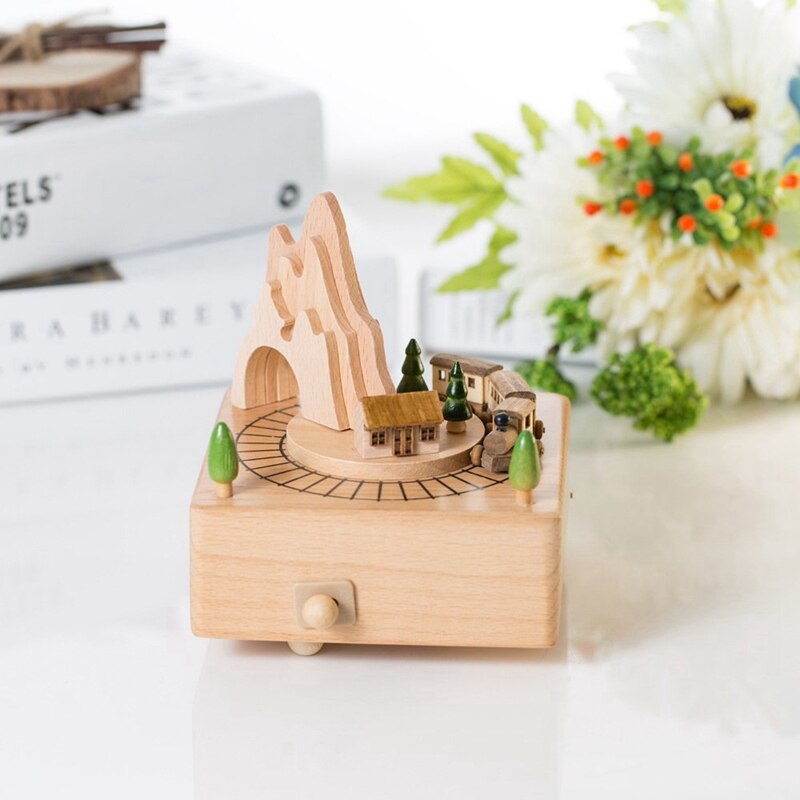 Wooden Musical Box Featuring Mountain Tunnel With Small Moving Magnetic Train | Plays