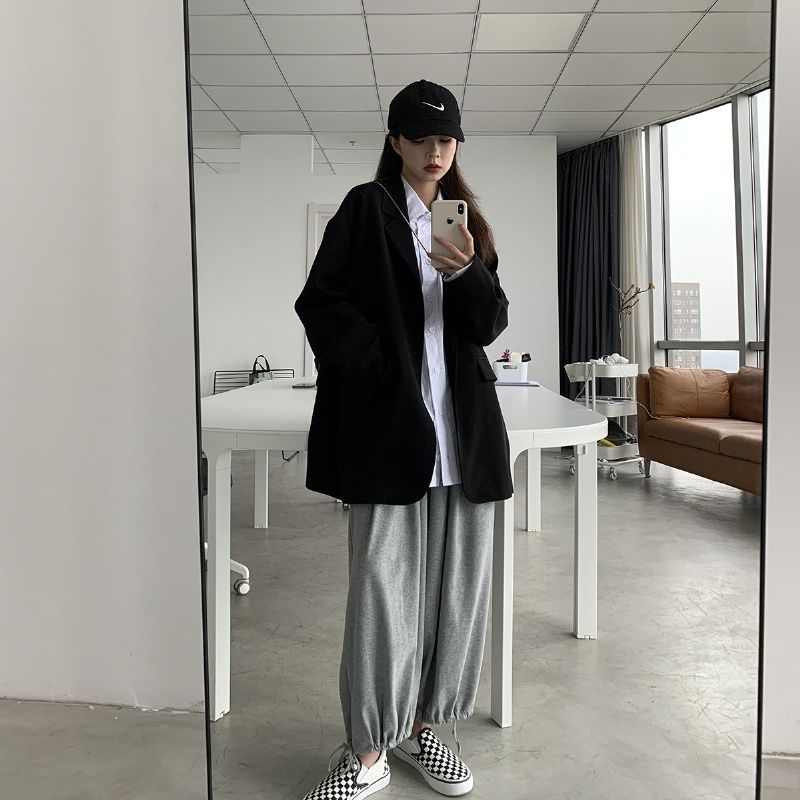 Blazere kvinder solid enkeltradet oversize retro forår efterår chic afslappet dame blazer teenagere enkel all-match stilfuld bf: Sort / L