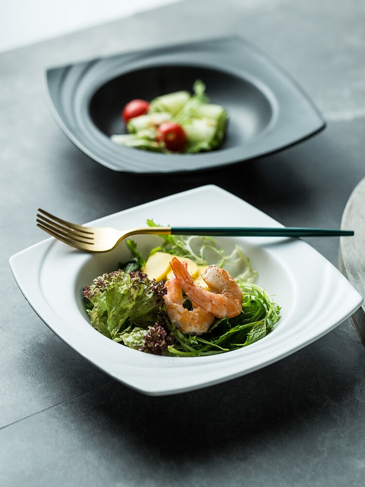 Plato de cerámica para sopa, Plato cuadrado nórdico de porcelana Occidental Profunda para comida, aperitivos, fruta, ensalada, vajilla,
