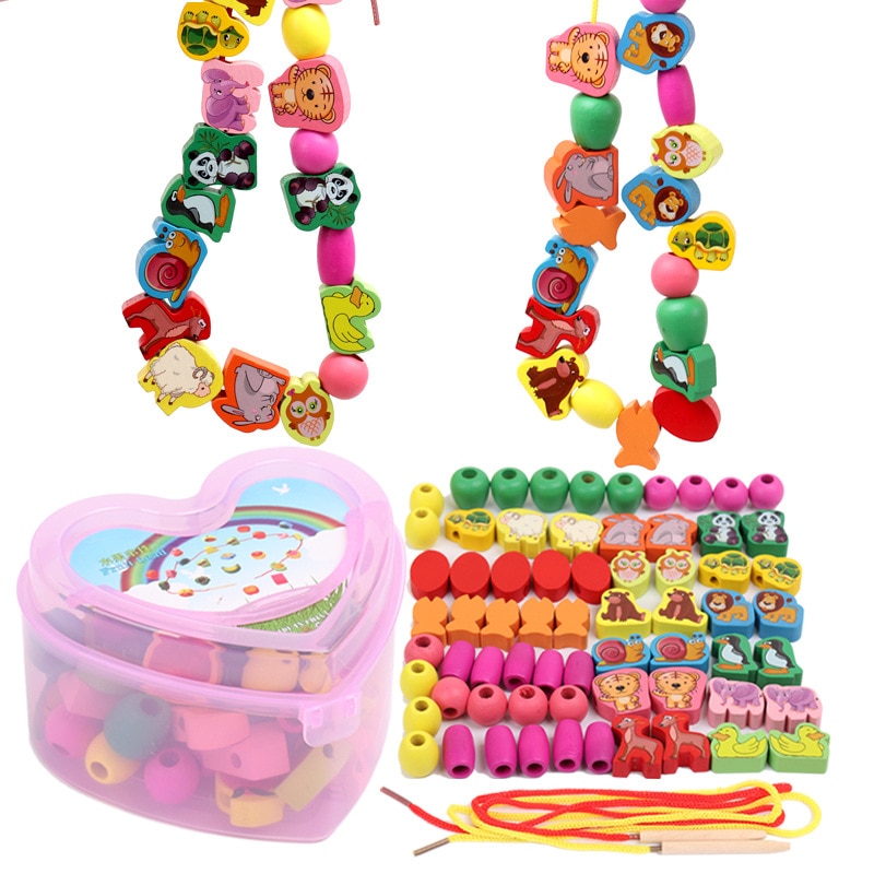 50/55 stk / sæt træ baby diy legetøj perler tegneserie frugt dyr snor trådning perler spil uddannelse legetøj til børn børn