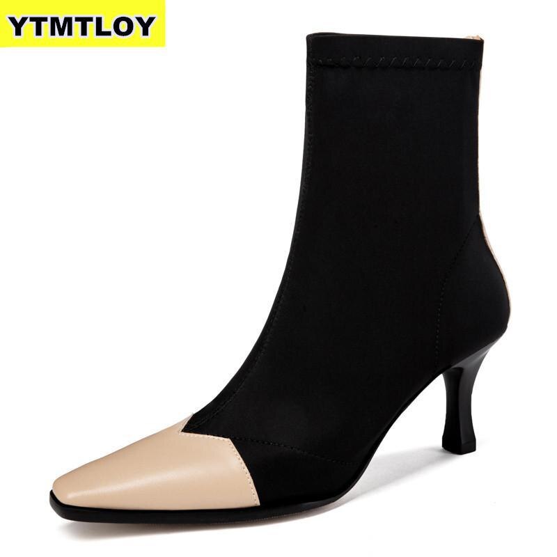 Sko kvinde korte støvler længde firkantet mellem hæle tå flok ankel efterår vinter varm plys slip on snow sorte støvler botas mujer: Beige / 35