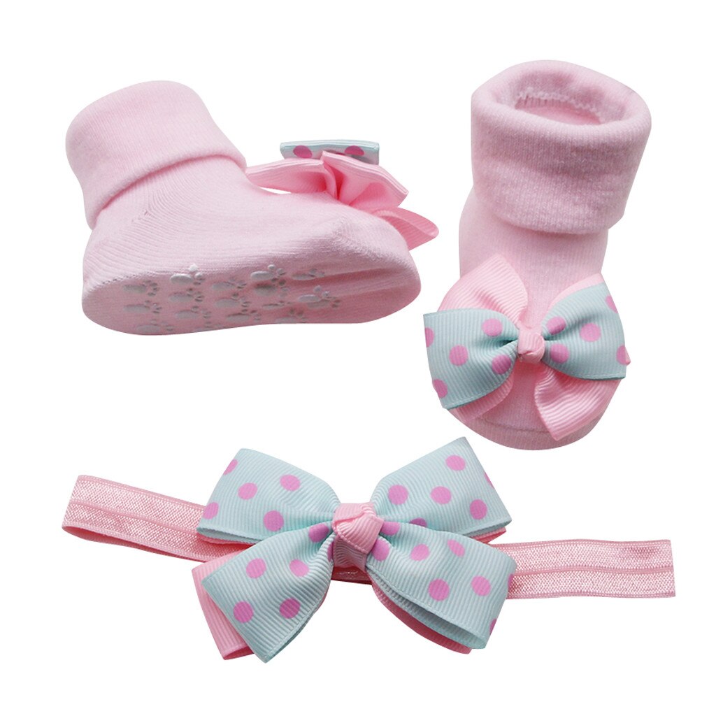 Baby Infant Socks +1PC Hair Belt Toddler Girls Bow Wave Point Anti-slip Socks Newborn Cartoon Toddler Baby Clothes Accessories