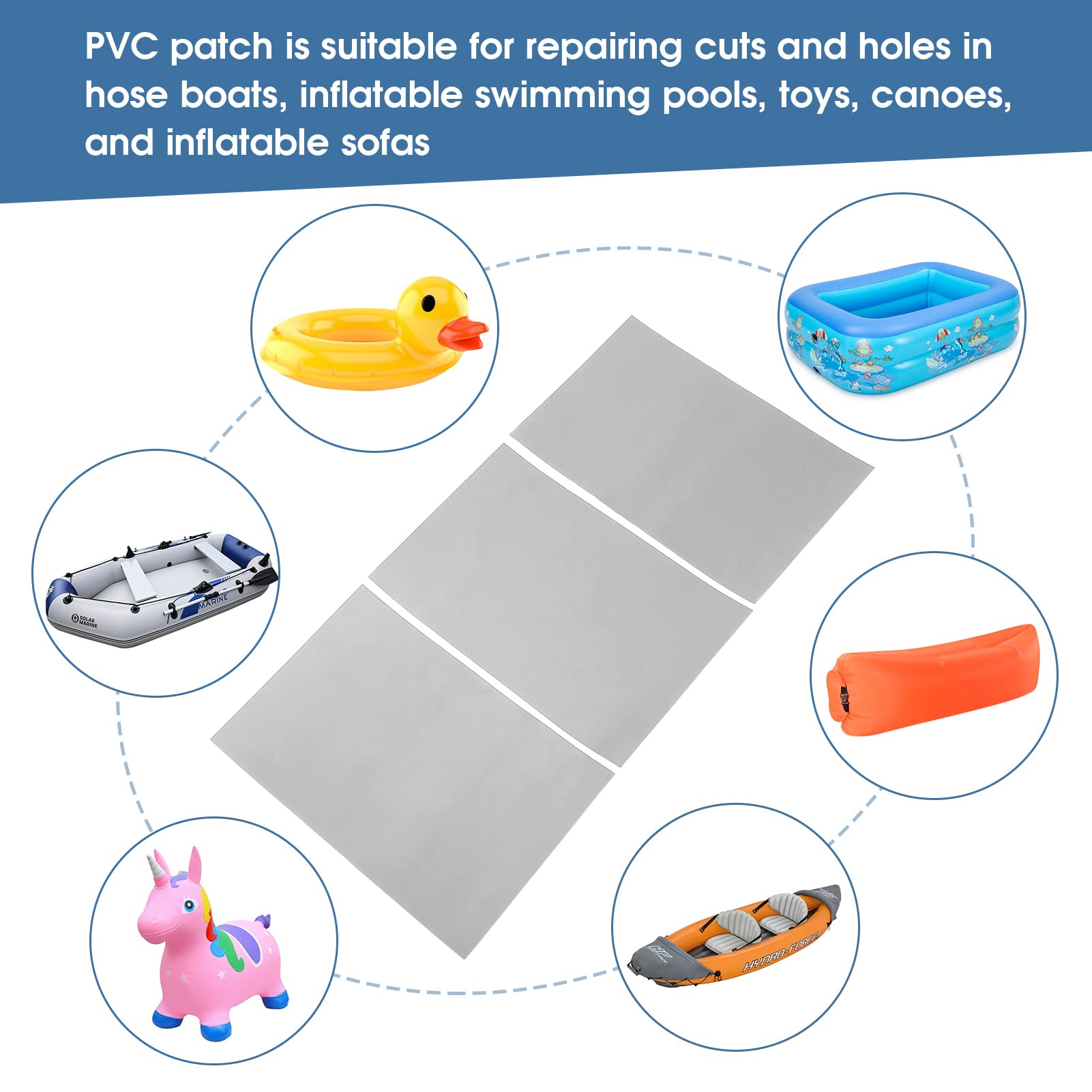 Kit toppe di riparazione per riparare zattera gonfiabile per piscina Toppe per kayak per gommone in PVC da 3 pezzi