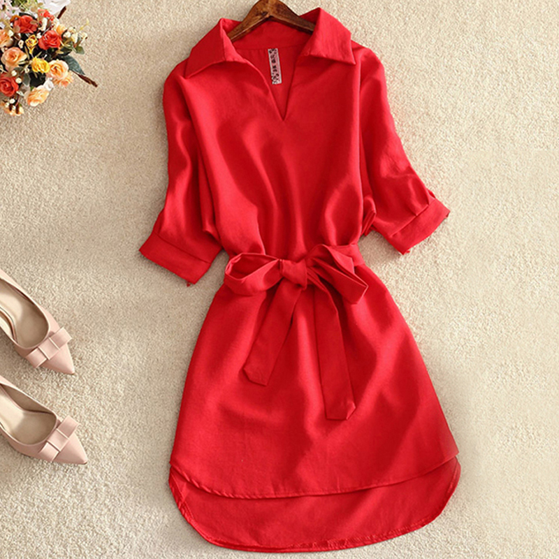 Casual hvit tunika kvinne kjole sommer kontor dame chiffon skjortekjole for kvinner kortermet solide sashes kjole vestidos