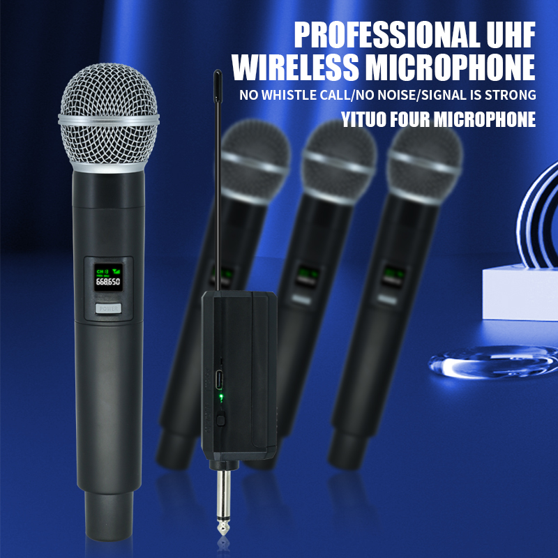 Wireless Microphone 4 Channels Karaoke Handheld Chargeable Easy Use Outdoor With Suitcase