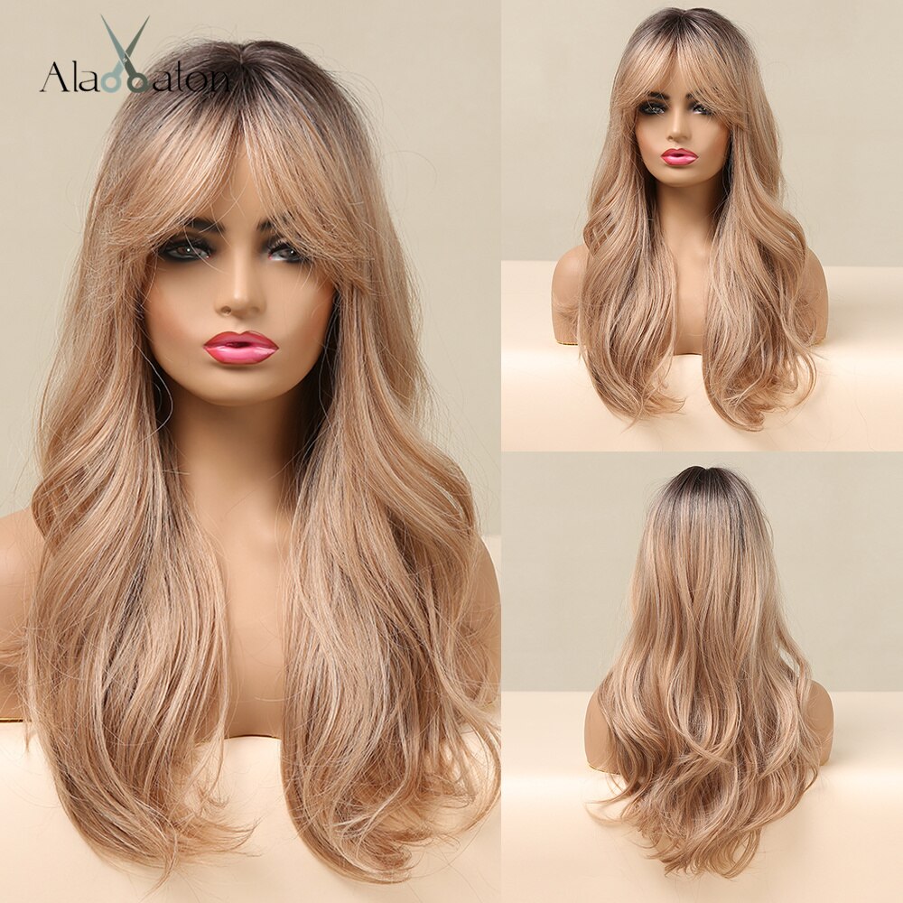 ALAN EATON Ombre Black Brown Long Wave Synthetic Wigs with Full Bangs For Black Women Heat Resistant Fibre Cosplay Party Daily: lc5071-1