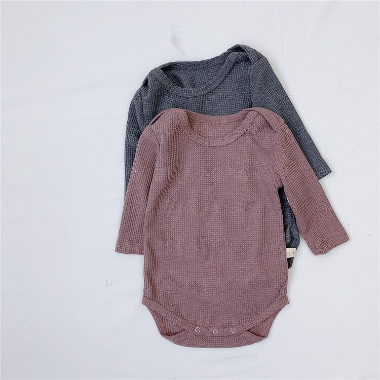Efterår baby vaffel bodysuit tøj unisex bomuld langærmet o-hals solid jumpsuit drenge og piger småbørnetøj