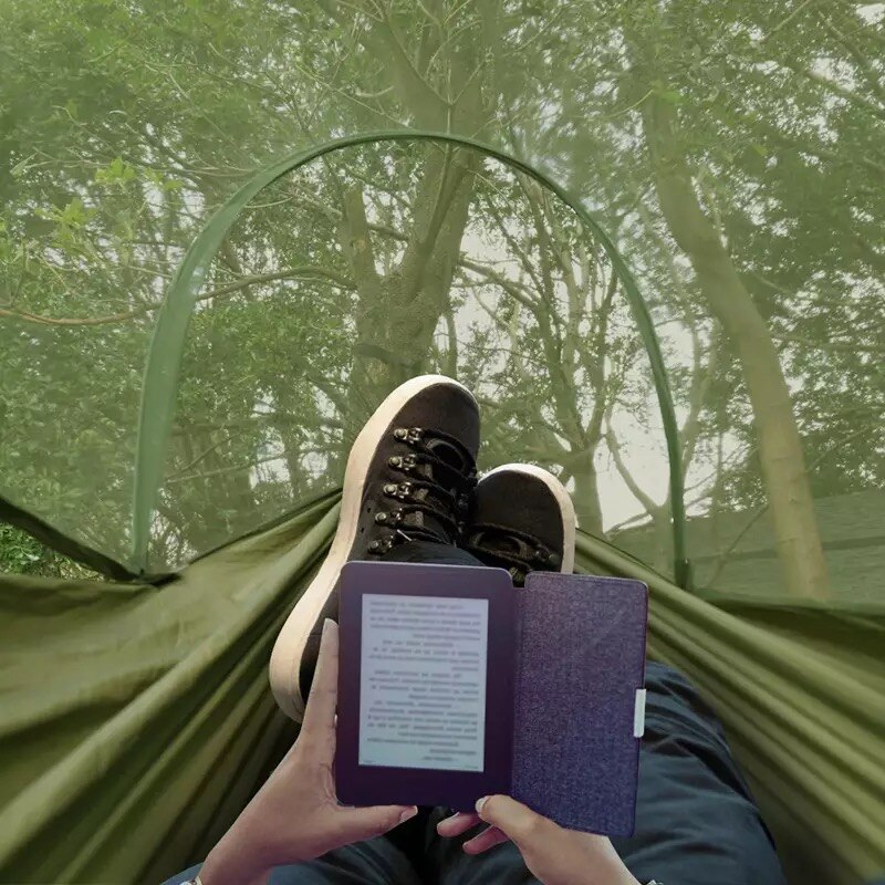 1 sæt camping hængekøje med myggenet pop-up lys bærbar udendørs faldskærm hængekøjer sving sovende hængekøje camping ting zxh