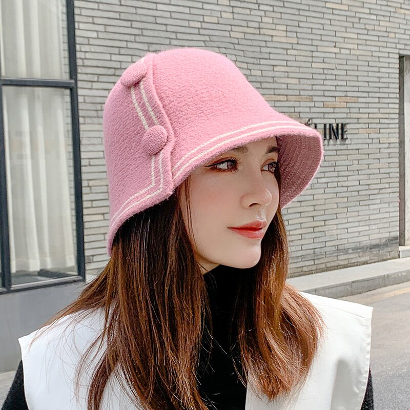 Chapéu de pescador feminino outono e inverno all-match bonito botão design moda aba larga bacia chapéu balde chapéu: Pink