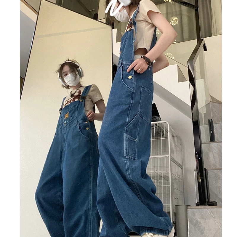 Oversize jumpsuit kvinnor söt nalle puh broderi vintage lös hög midja streetwear jeans jumpsuit