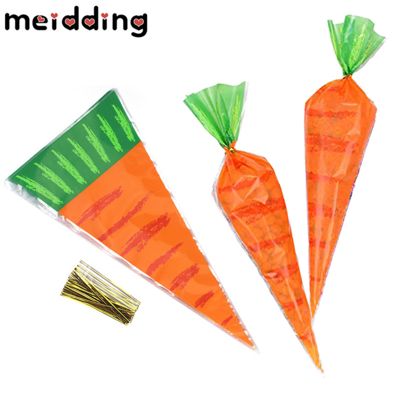 20 Pcs Pasen Decoratie Wortel Kegel Tassen Cellofaan Treat Bags Voor Snoepjes Handgemaakte Koekjes Met Goud Twist Ties Verjaardag Decor