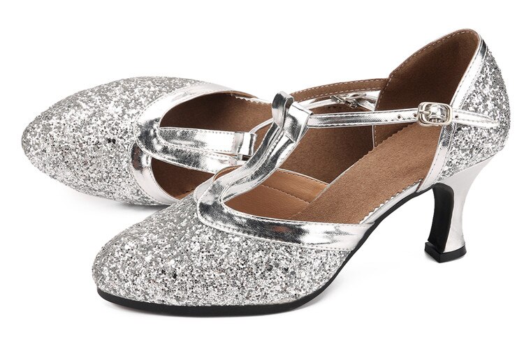 Kvinna gyllene silver skor kvinnor höga klackar för latin dans och ballroom jazz dans skor för kvinnliga zapatos plateados mujer: Silver- / 6.5