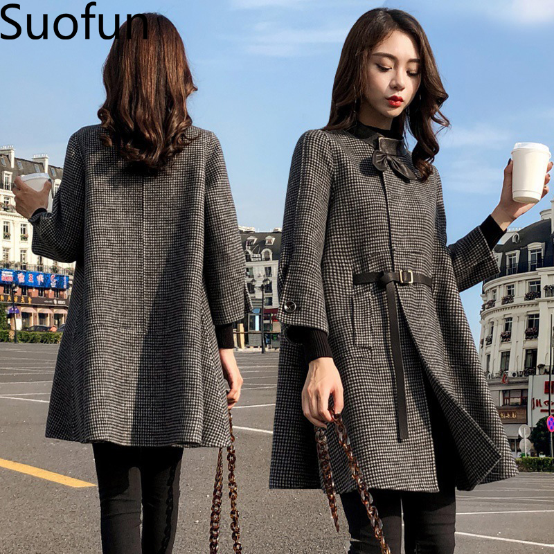 Veste en laine mi-longue pour femme, manteau de bureau, coréen, automne hiver , nouvelle Cape ample, petit mille oiseaux, treillis