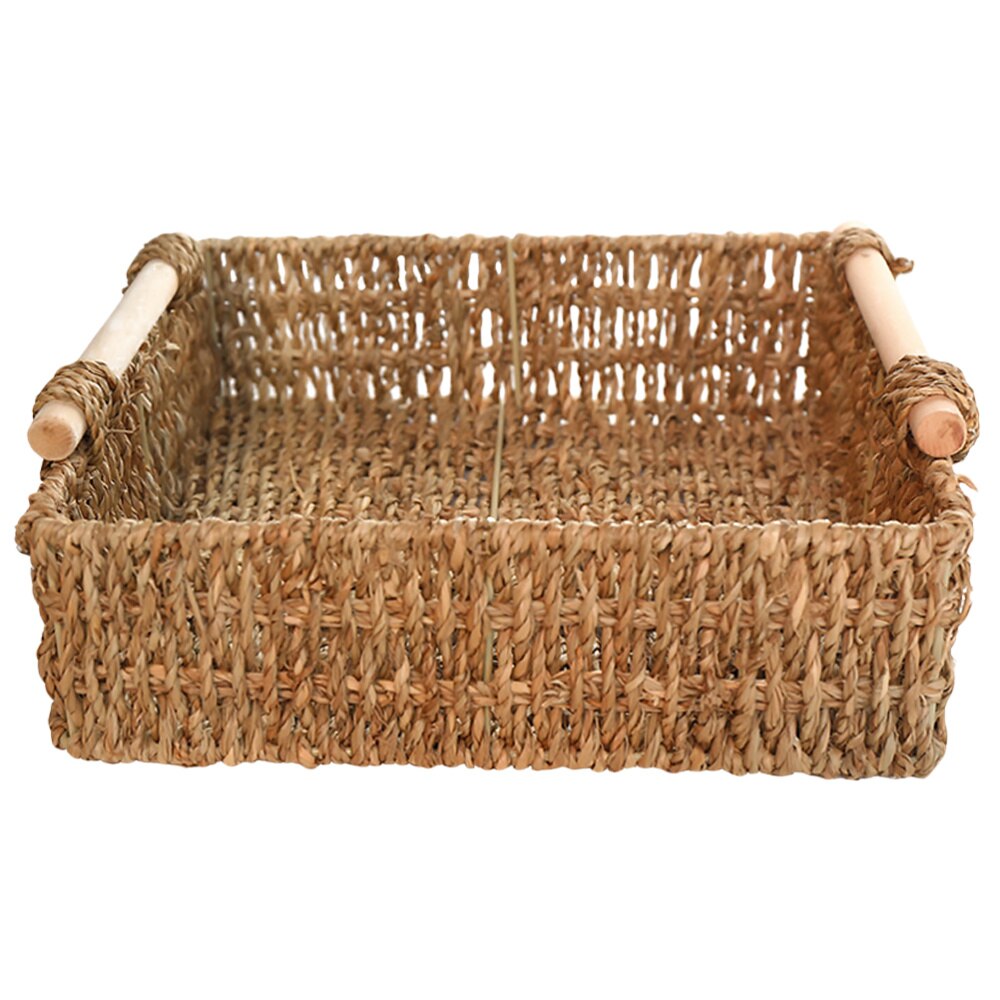Straw Basket Wooden Handle Table Simple Storage Basket for Sundries Cosmetics Key (Small Size 21x21x5cm): 21X21CM