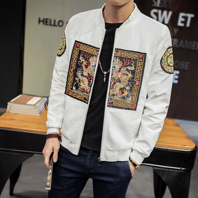 Veste ample avec broderie pour homme, manteau style chinois, grande taille 5xl, printemps-automne: white / Asian M
